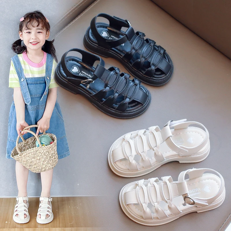 

Детские сандалии на мягкой подошве, модная летняя пляжная обувь для девочек, принцессы, гладиаторы, кожаные римские сандалии, черные, белые