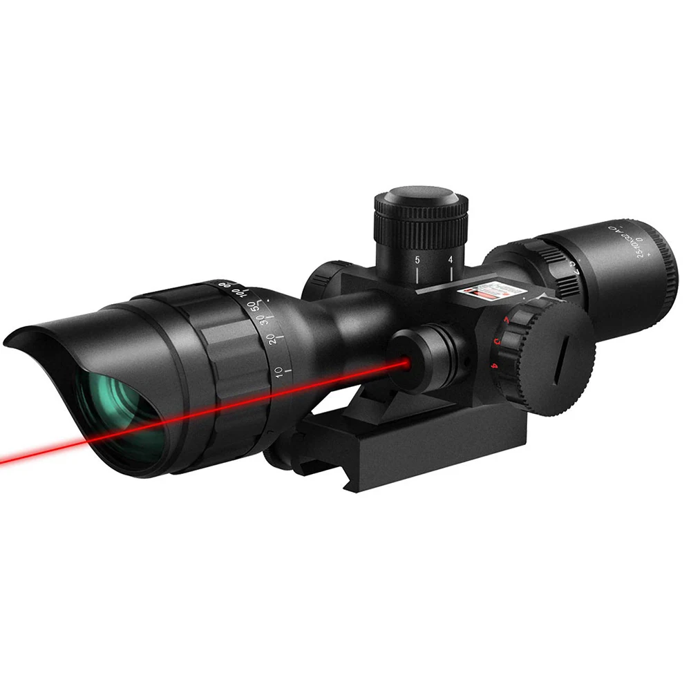 Rifle Scope 2.5-10X32 AOEG Dual Illuminated Mil-dot Hunting Scopes with Red Laser and 20mm Rail Mounts.