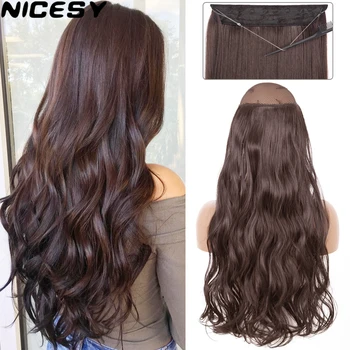 No Clips In Long Wavy Hair Extension Invisible Wire Hidden Fish Line False Hair Piece Synthetic Natural Black Blonde 16”22”32” 1