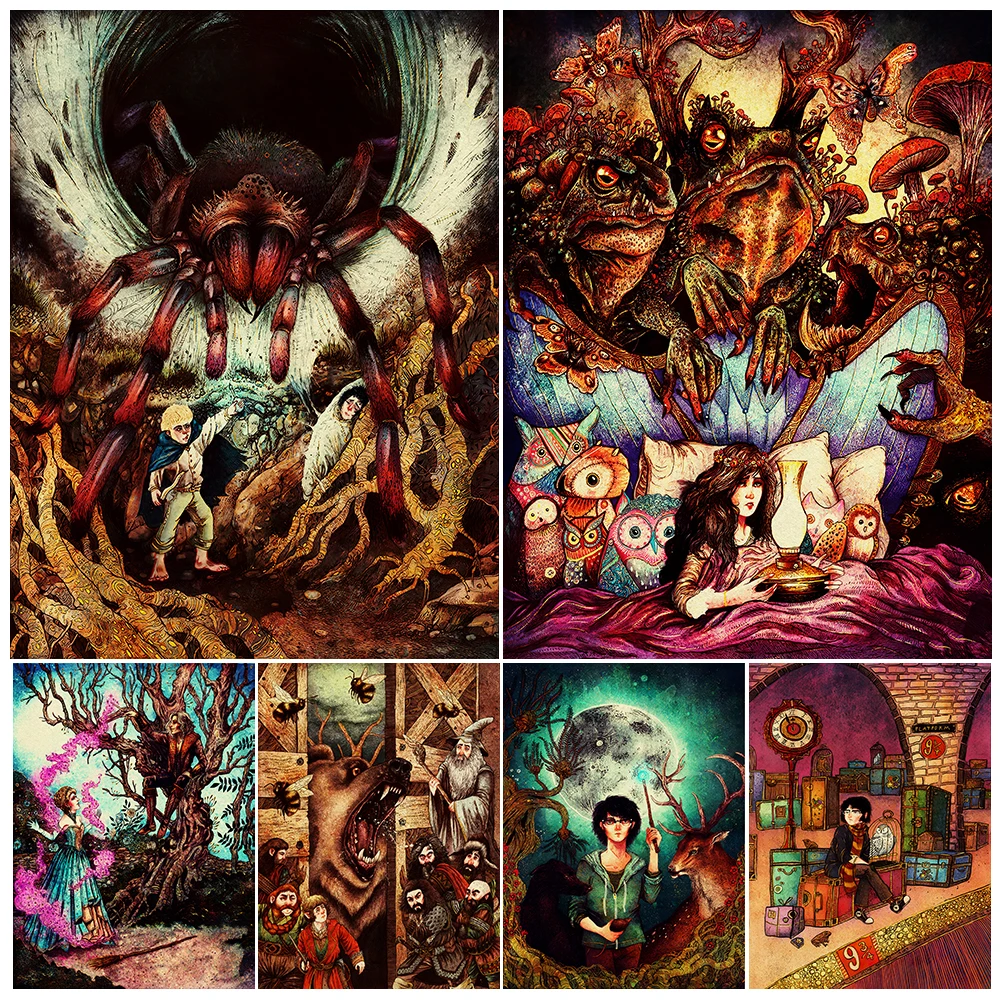 Волшебные существа в таинственном темном лесу винтажное настенное искусство