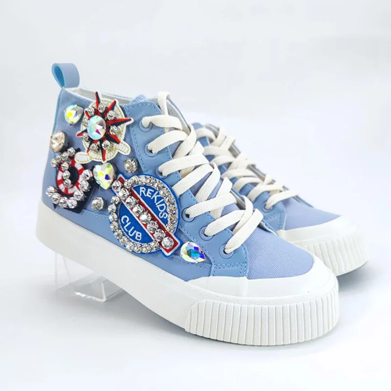 New Spring Autumn Blue High-top Student High Quality Rhinestone Women Lace Up Casual Canvas Rubber Female Flat Shoes BB20-22