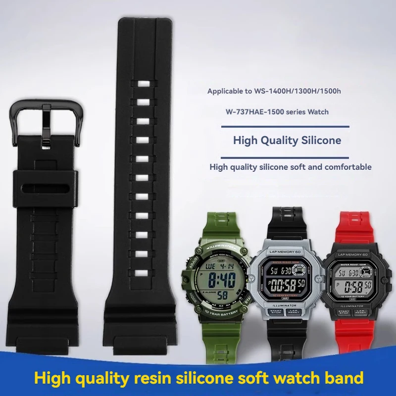 Фото Для Casio WS-1400H/1300/1500 W-737H AE1200 AE1500 DW-H5600 силиконовый ремешок для часов из смолы 18 мм спортивный резиновый браслет черный синий №2