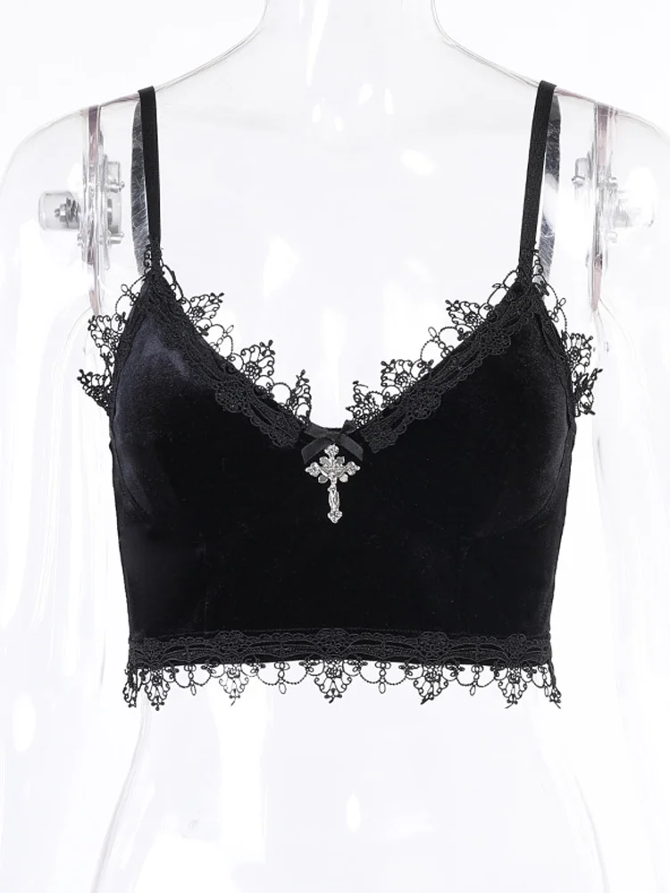 Женский укороченный топ с открытой спиной Velvet Mall Goth черный кружевной отделкой