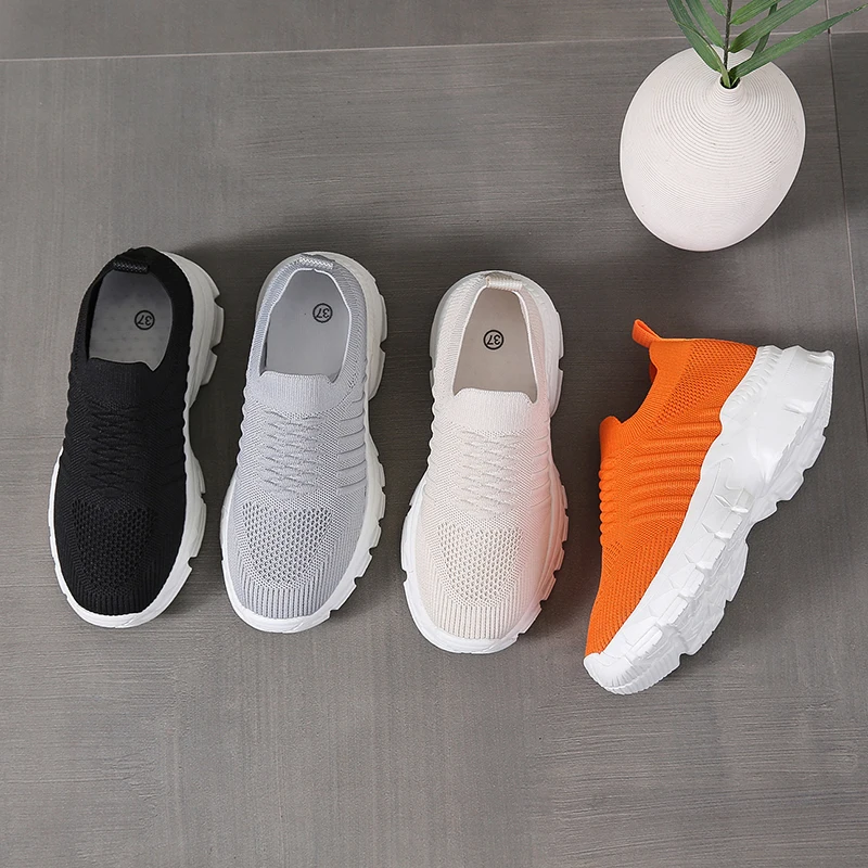 Fashion Sneakers for Women 2023 New Knitting Mesh Women's Vulcanize Shoes Thick Bottom Slip On Walking Shoes Plus Size 42