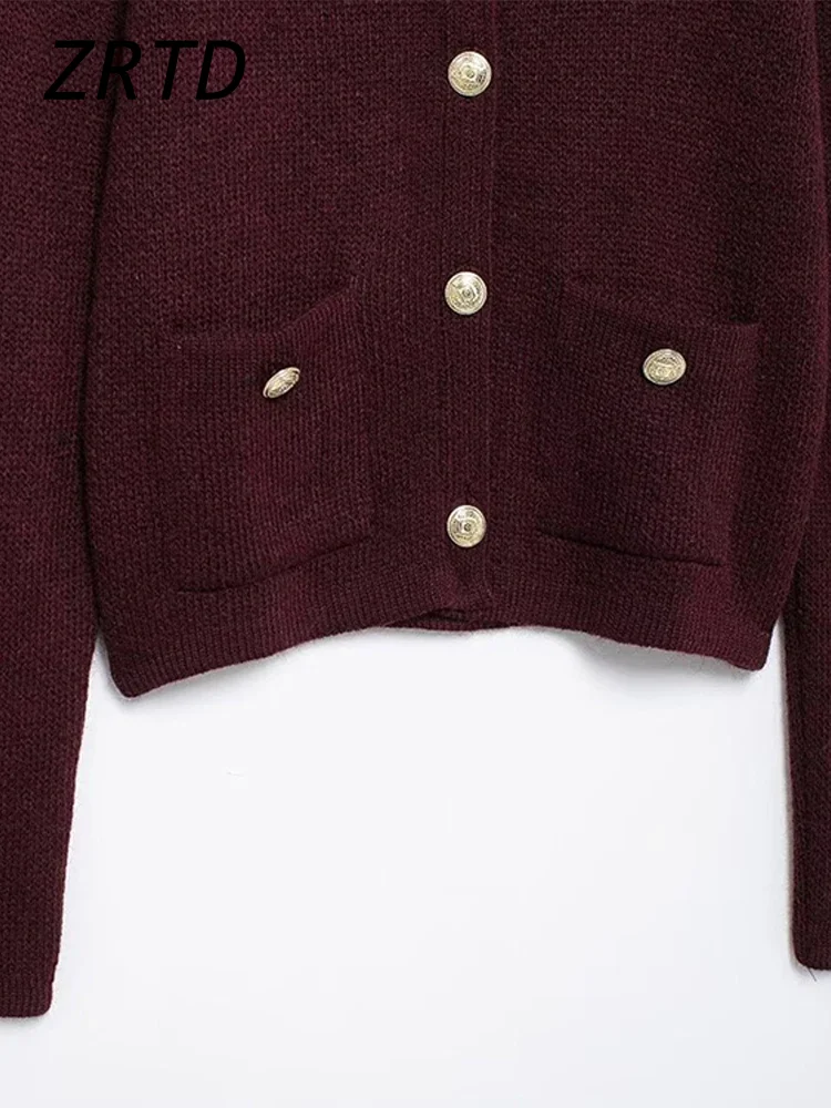 Винтажный женский вязаный бордовый кардиган с круглым вырезом однобортный