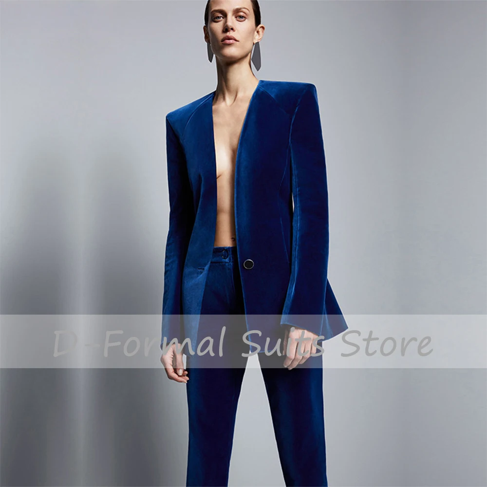Women 2 Piece Set Royal Blue Velvet Women Formal Business Pant Suits Slim Fit Office Ladies Tuxedos Uniform Conjuntos De Mujer