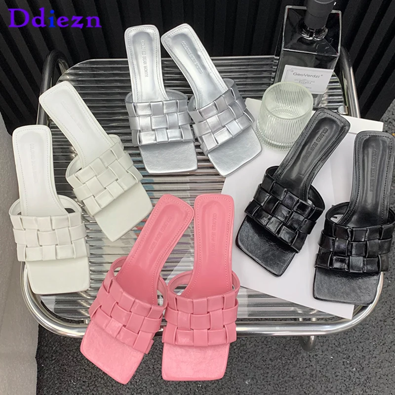 

Elegant Low Heels Ladies Sandals Female Weave Open Toe Party Shoes Summer 2023 Fashion Casual Outdoor Slides Women Shoes