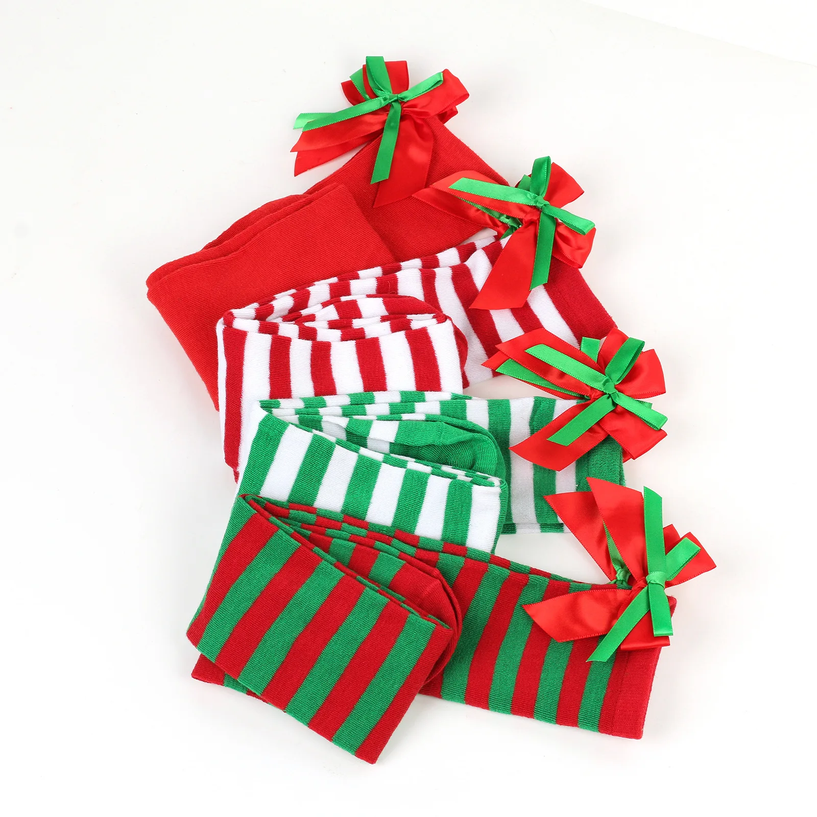 Рождественские чулки с бантом для девочек длинные полосатые вязаные носки