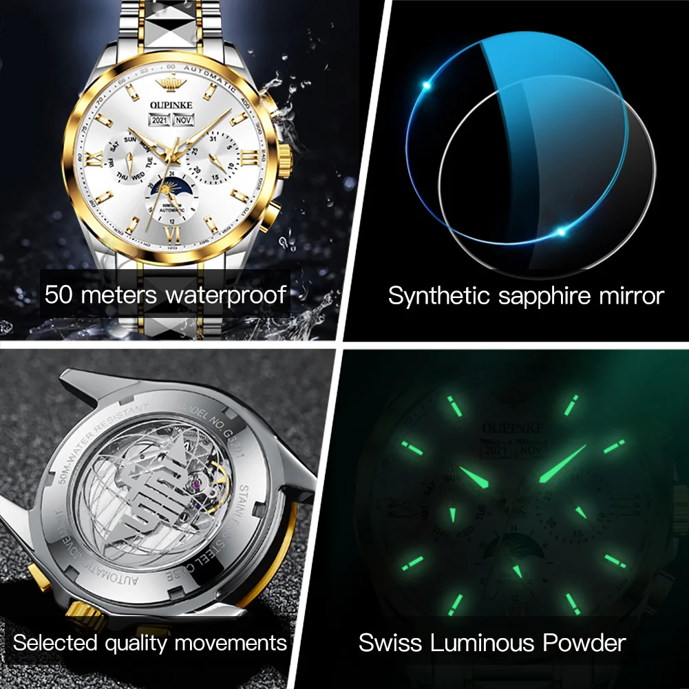 OUPINKE New Couple Mechanical Watch Sapphire Tungsten Steel Skeleton Waterproof Luminous Fashion Necklace Bracelet Couple Watch
