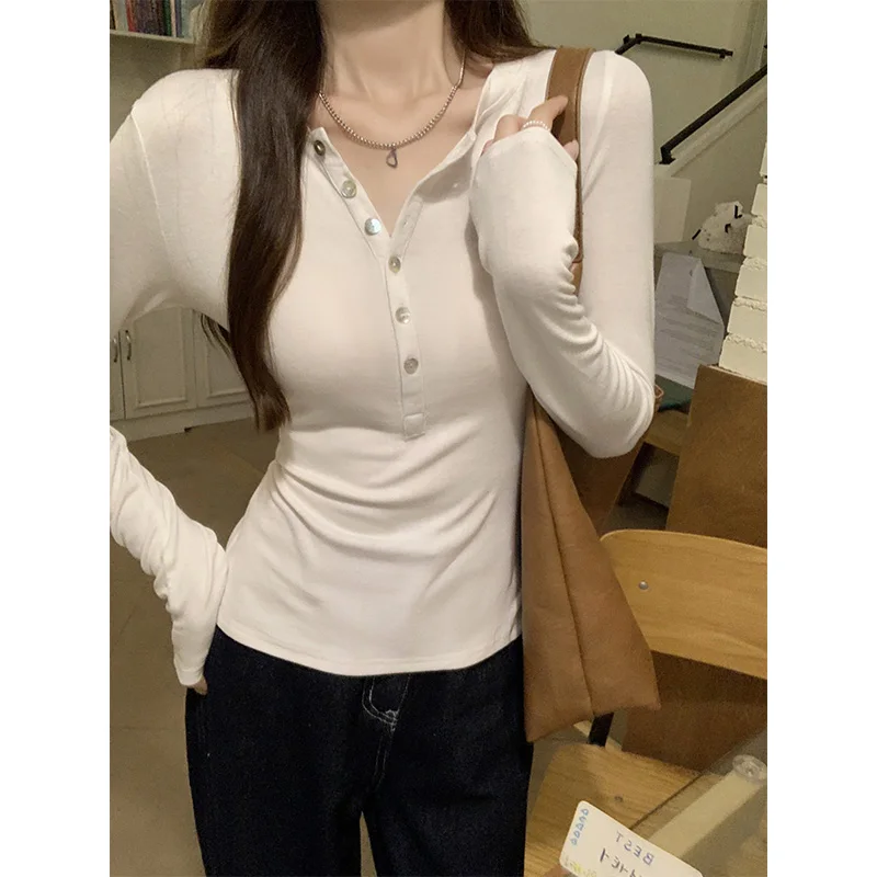 Новые модные однобортные облегающие футболки с длинным рукавом Женская
