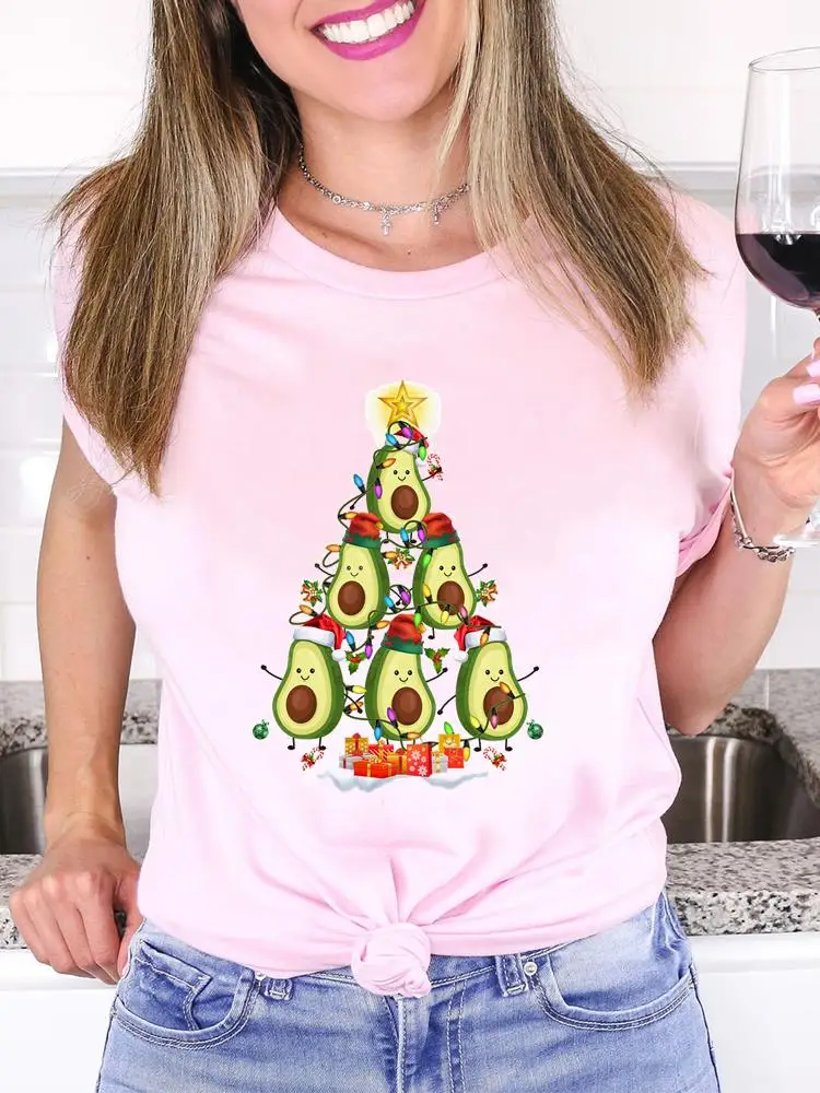 

Fashion Women Merry Christmas Female T Print Holiday Clothing Avocado Fruit Cartoon Graphic Tee New Year Casual T-shirts
