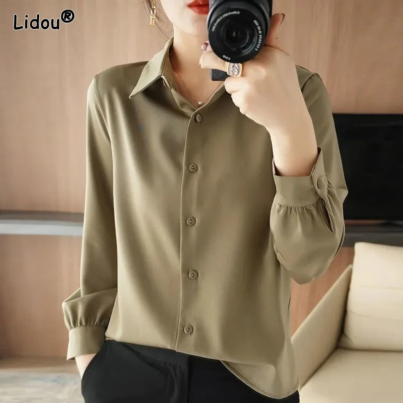 Thin Blended Solid Turn-down Collar Popularity Women Shirt Office Lady Slim Single Breasted Spring Autumn Women's Clothing 2022