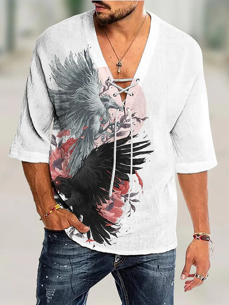 

Casual Mens Loose Half Sleeve Lace-up V-Neck T-shirts Harajuku Pattern Printed Tops Pullover Fashion Clothing Men New Streetwear