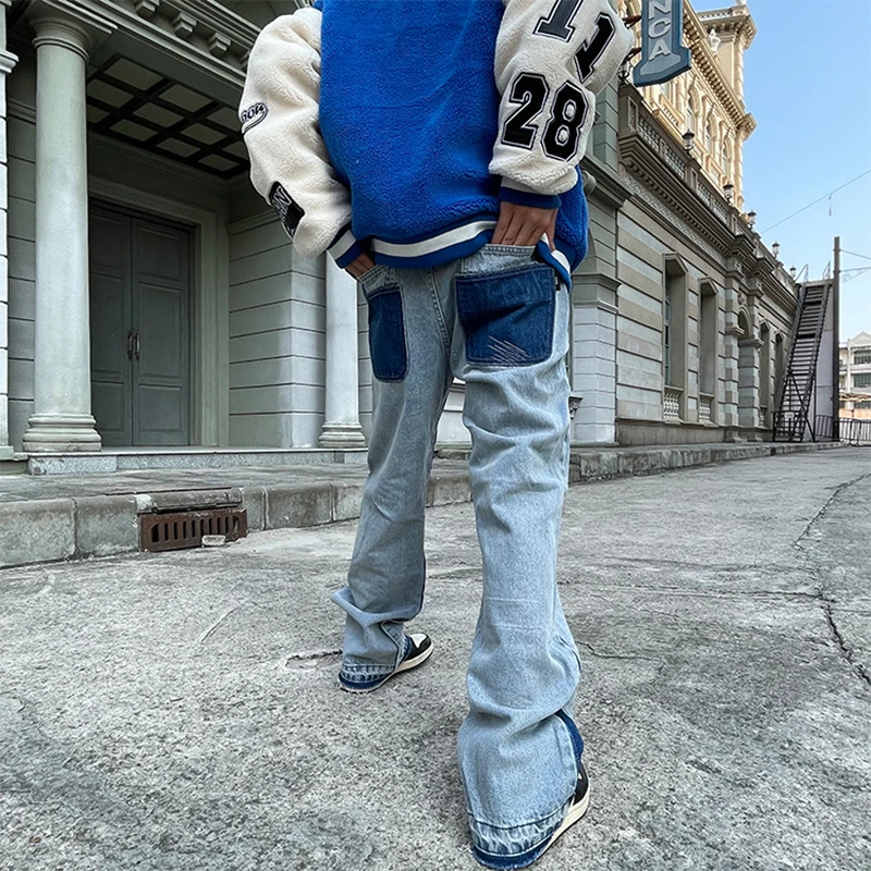 Stars Patch Design Men Jeans Hip Hop Splicing Straight Flare Mens Retro Washed Ripped Oversized Casual Tassel Denim Trousers