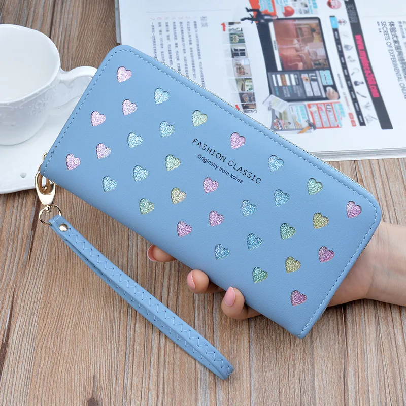 hot new fashion women wallets long zipper large capacity mobile phone bag love color hollowed out clutch luxury brand coin purse free global shipping