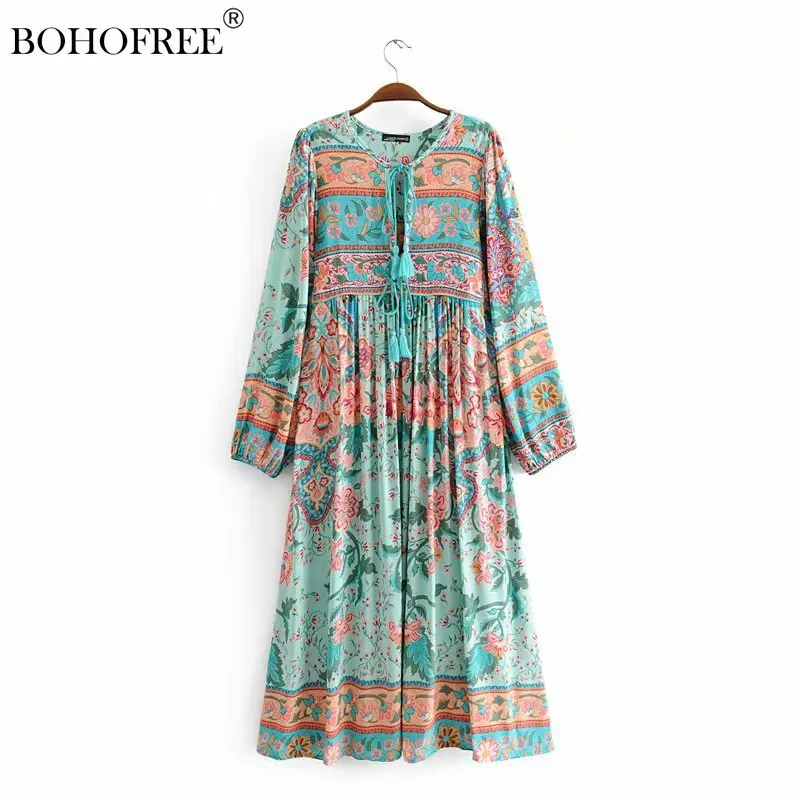 

Женское платье-макси с V-образным вырезом, длинным рукавом и цветочным принтом