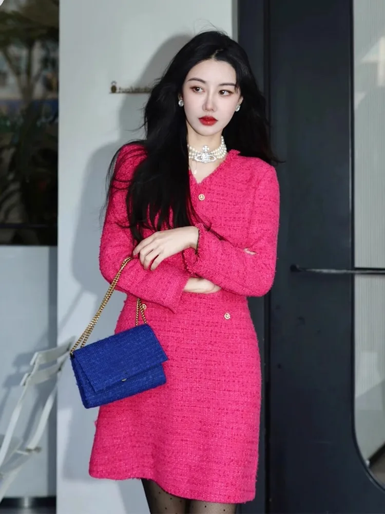 Plus Size Small Dress Socialite Temperament Women clothes High Sense High end Exquisite Rose Red Fake Two Pieces Graceful Dre...