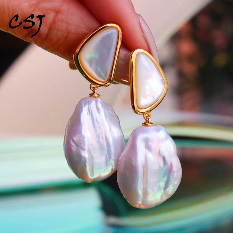 

CSJ Elegant Natural Freshwater Baroque Pearl Earrings Sterling 925 Silver White Pink Shell Handmade Jewelry for Women Party Gift