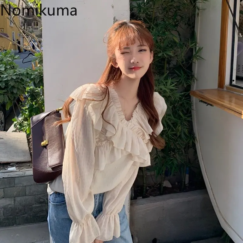 

Nomikuma Blusa Mujer Moda 2023 V образный вырез оборки пэчворк свободные ажурные рубашки Корейская Милая элегантная повседневная женская рубашка