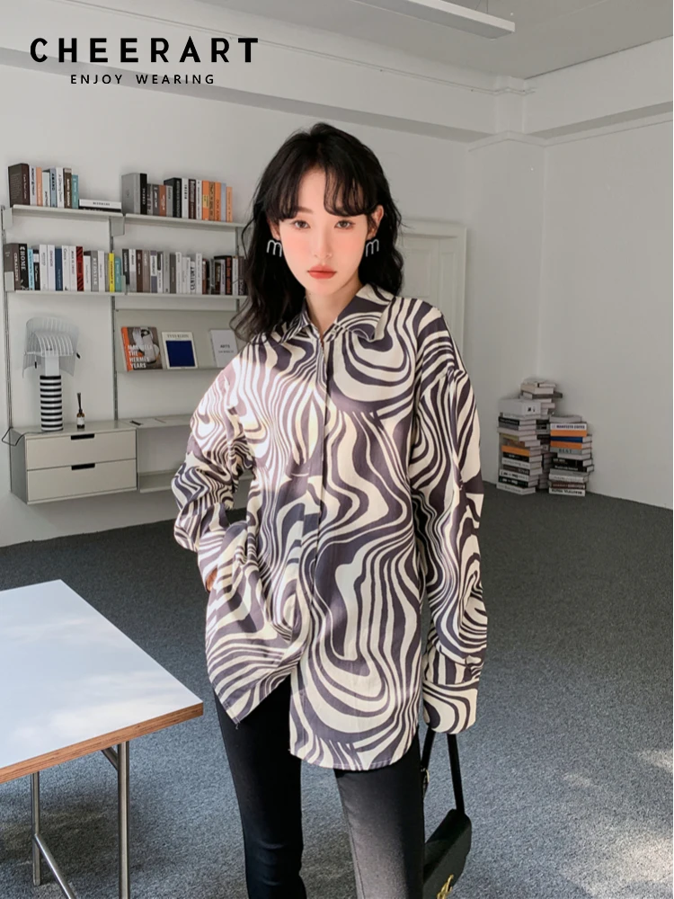 

CHEERART Zebra Print Baggy Shirts For Women 2022 Spring Fashion Button Up Collared Shirt Long Sleeve Top Korean Streetwear