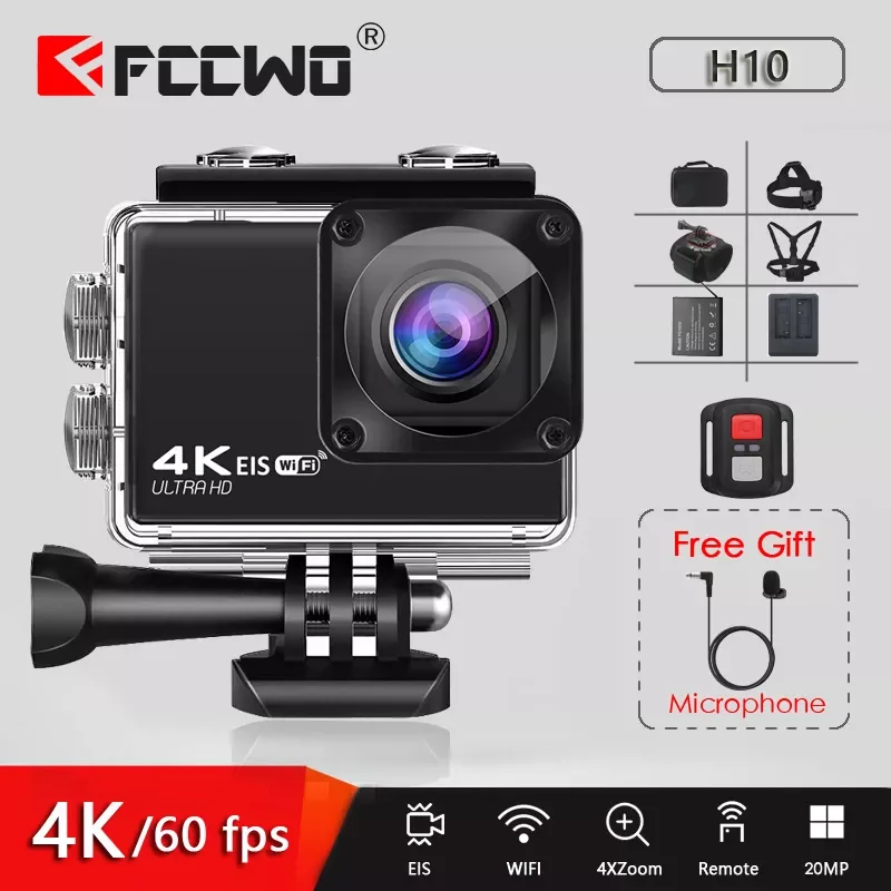 

EIS Anti-shake Action Camera FCCWO H10 4K/60FPS 20MP WIFI 2.0" LCD 170D Underwater Waterproof Remote Cam Helmet Vedio