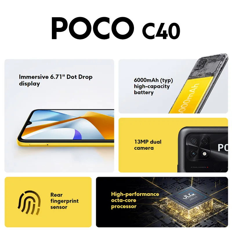 In Stock POCO C40 Global Version Smartphone 32GB / 64GB 6000mAh battery 6.71” Display JLQ JR510 Octa-core CPU 13MP Camera