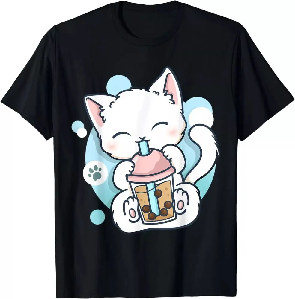 Милый Белый Кот Boba Bubble Tea Otaku аниме Kawaii футболка Neko Tee Графические футболки Y2K топы