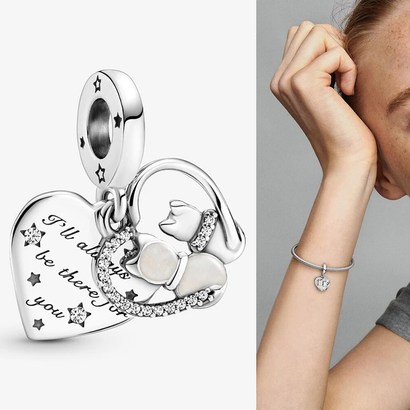 

2021 New 925 Sterling Silver Pan Charm Cat And Love Pendant, Suitable For Diy Bracelet As Jewelry