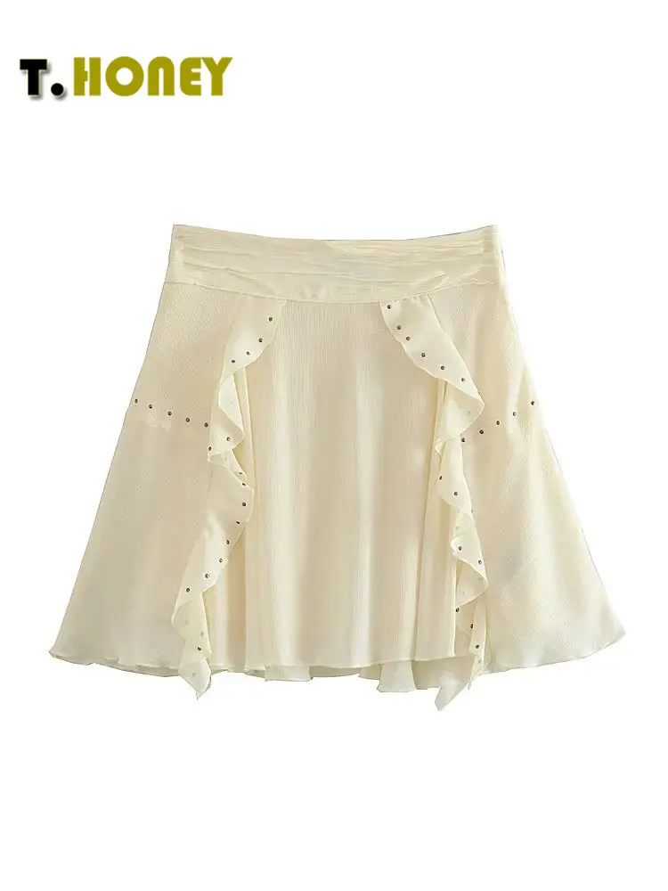 

TELLHONEY женская модная юбка с боковой молнией и Каскадными заклепками, Женская Повседневная трапециевидная юбка с высокой талией, шикарные мини-юбки
