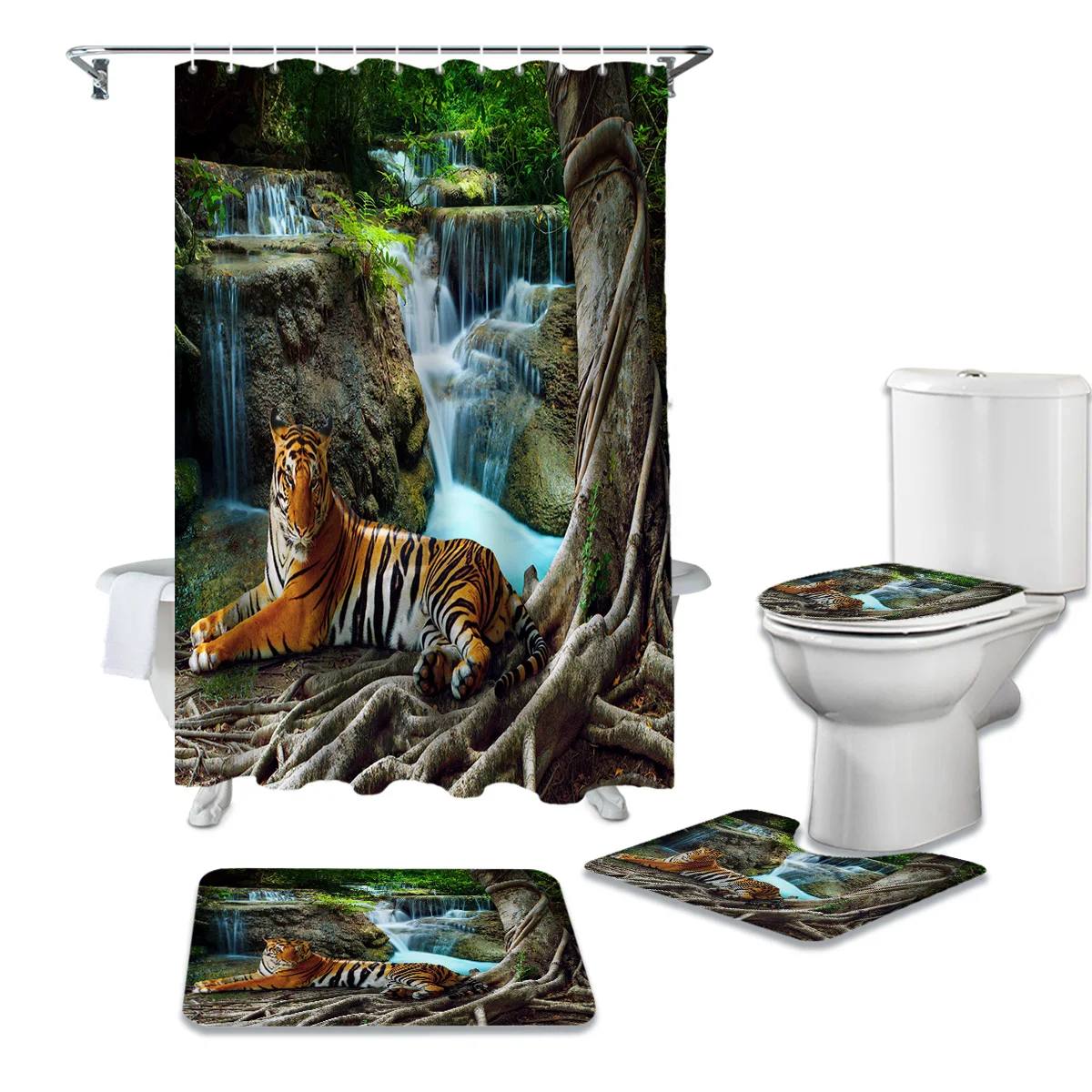 

Комплект душевой занавески с изображением леса животного тигра, Противоскользящий коврик для ванной, чехол для унитаза, водонепроницаемая ...