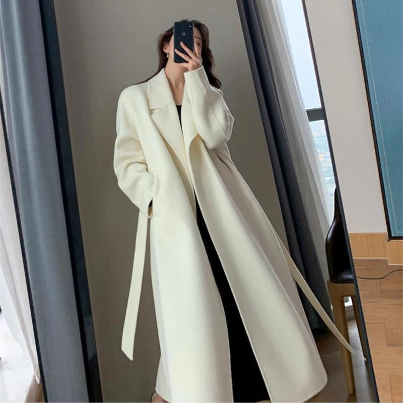 

Fashion Autumn Winter Add Cotton White Woolen Coat Women Thicken Overcoat Loose Belt Wool Blends Jackets Lady X-Long Outerwear