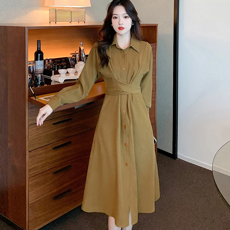 

Женское винтажное платье-трапеция, Элегантное Длинное приталенное платье с плиссированным подолом, повседневное и вечернее платье в Корей...