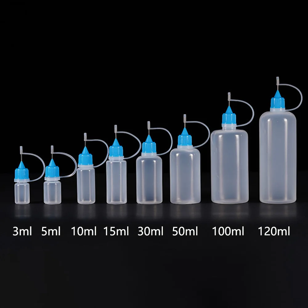 

5ml 10ml 15ml 30ml 100ml PE Plastic Squeezable Tip Applicator Bottle Refillable Dropper with Needle Tip Caps for Glue