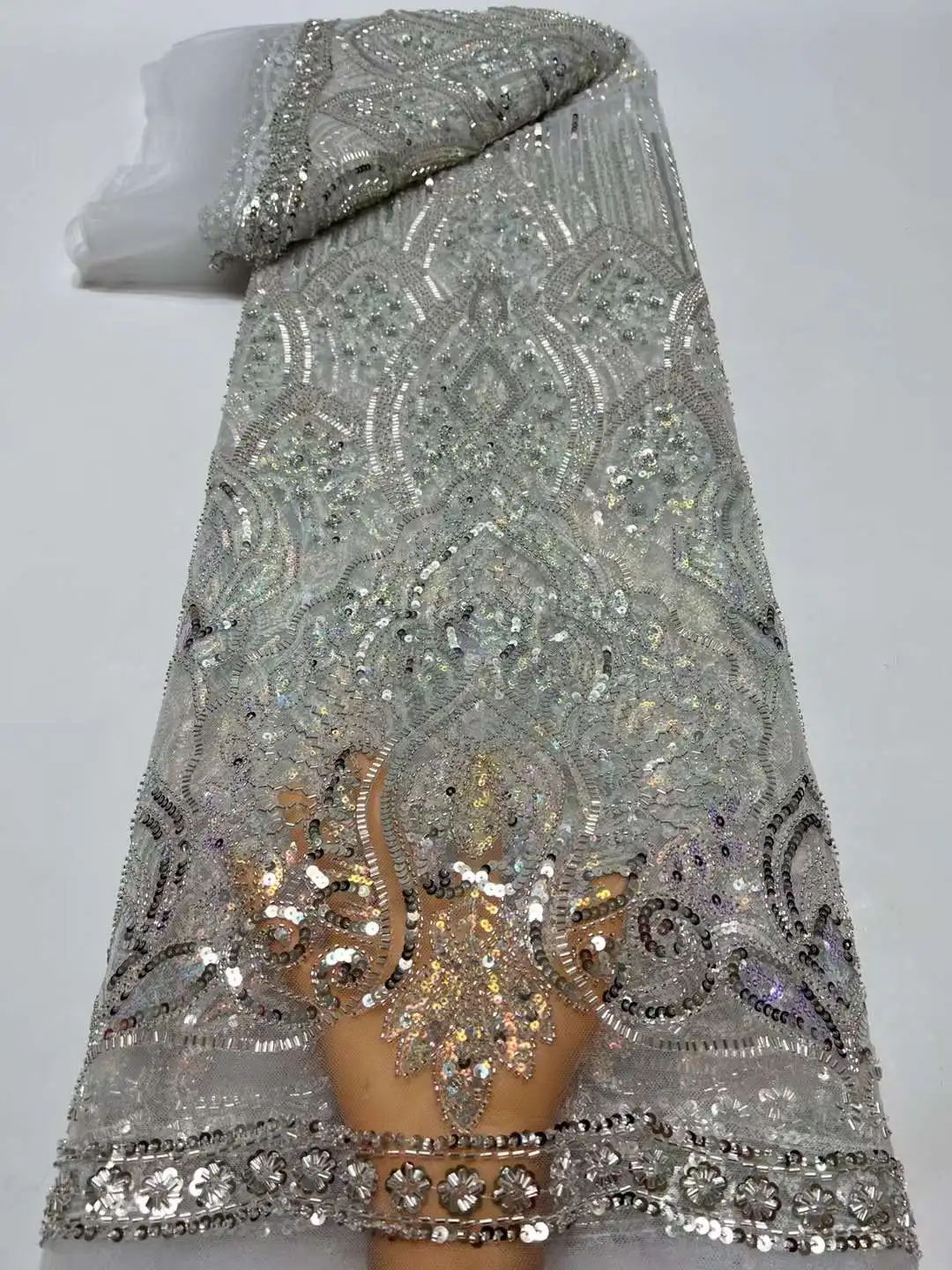 

France High-End Handmade Beaded Lace Fabric Nigerian Embroidery Beads Sequins Mesh Lace Fabric For Wedding Dress