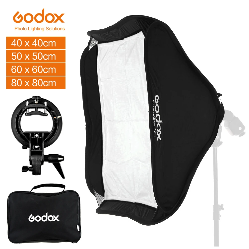 

Godox-kit de softbox dobrável com suporte de bicicleta, disponível nos tamanhos de 40x4, 0, 50x50 cm, 60x80cm