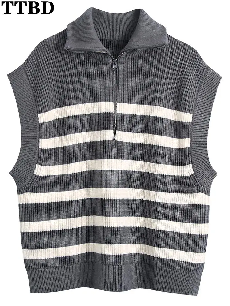 

TTBD autumn vest Women 2022 fashion loose striped traf knit vest sweater vintage zip-up high neck sleeveless female waistcoat