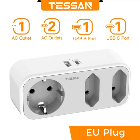 Компактная настенная розетка TESSAN 3600 Вт с 1 розетками переменного тока Schuko 2 ЕС 2 USB-портами 5 в 1