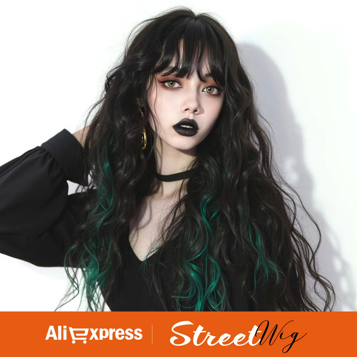 Длинный вьющийся черный мелированный зеленый синтетический парик волнистый
