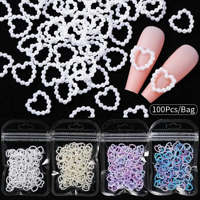 

100Pcs/Bag 3D Hollow Heart Pearl Nail Art Charms White Pink Purple Pearl Round Flatback Nail Decoration DIY Nail Accessories