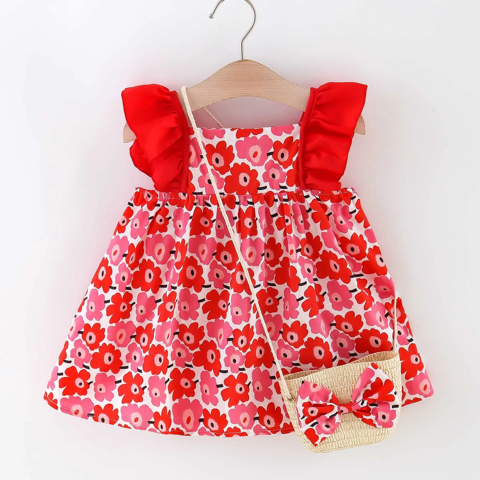 

Baby Girl Summer Dress Square Collar Ruffles Child Girl Dress Floral Printed Sleeveless Baby Costume Toddler Girl Dresses+Bag