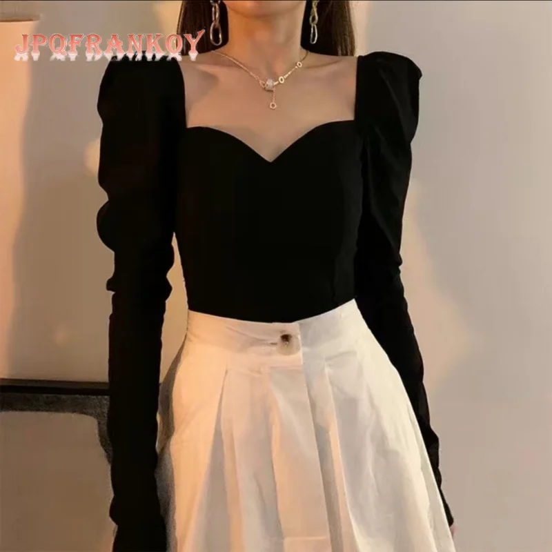 Женская футболка с длинным рукавом и квадратным вырезом в стиле ретро | одежда