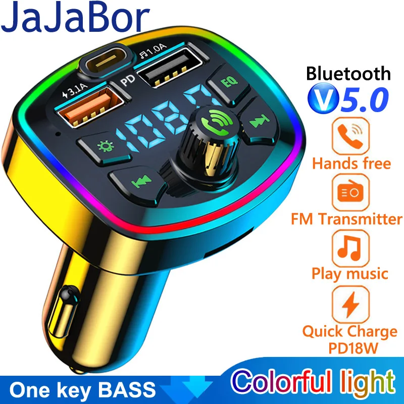 

JaJaBor FM Transmitter TF Card U Disk Playback Type C PD 18W 3.1A USB Fast Charging Handsfree Bluetooth 5.0 Car Kit FM Modulator