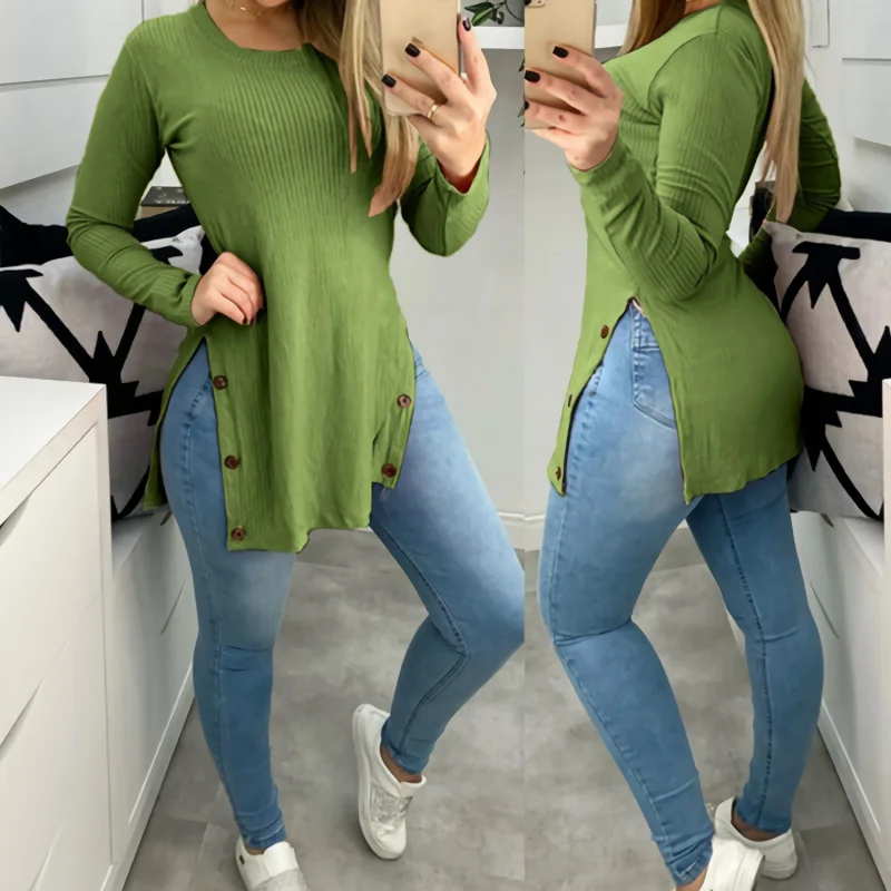 

TPJB New Fashion Women's Tops Solid Round Neck Slit Buttons On Sides Casual Loose Long Sleeve Woman T-shirts Pullover Clothes