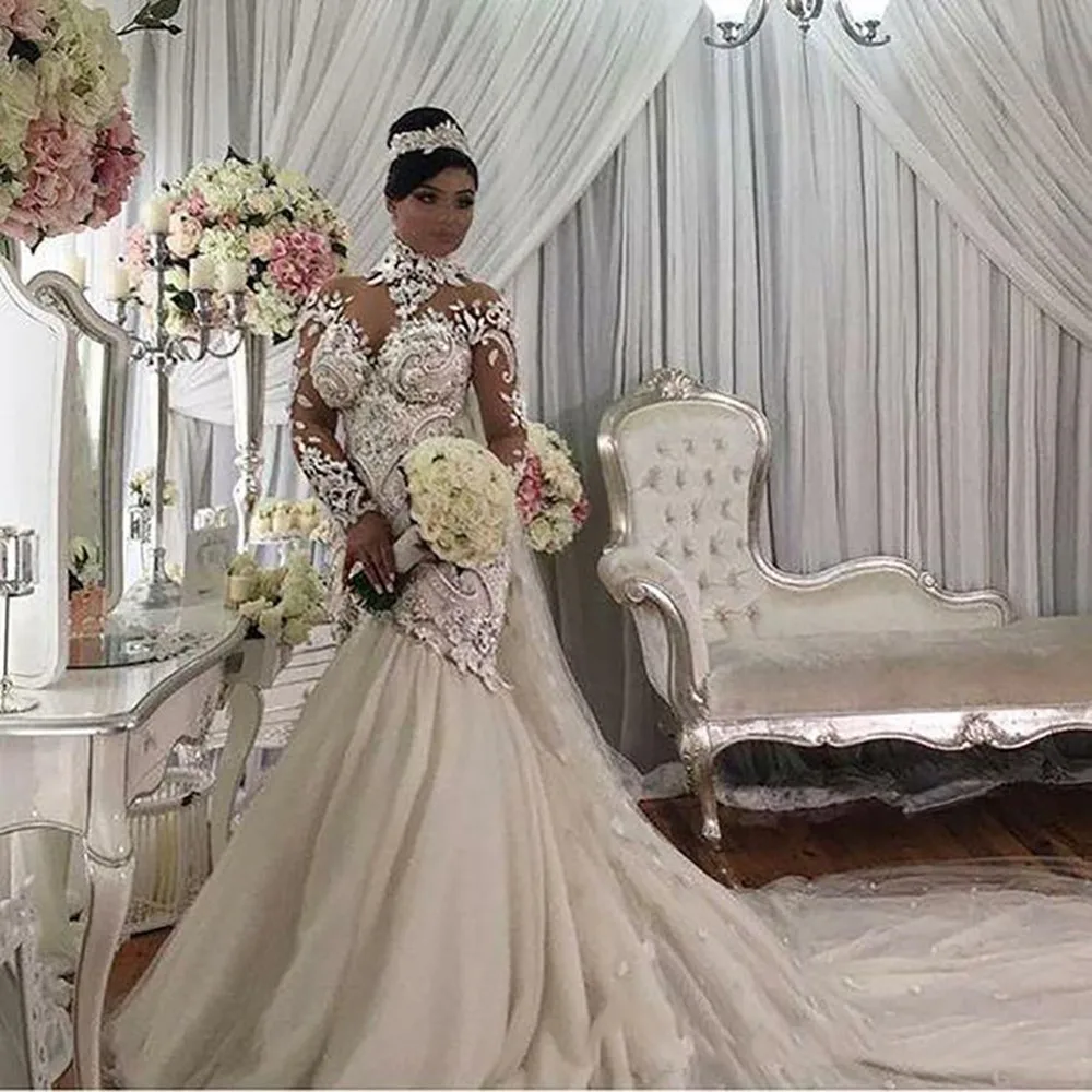 

Plus Size Illusion Long Sleeve Mermaid Wedding Dresses Nigeria High Neck Full back Dubai Arabic Castle Wedding Gown Dress