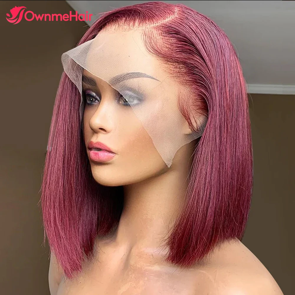 

99J Burgundy Human Hair Short Bob Wigs for Women 13x4 Transparent Lace Front Wig Brazilian Remy Hair Pre Plucked Bleached Knots