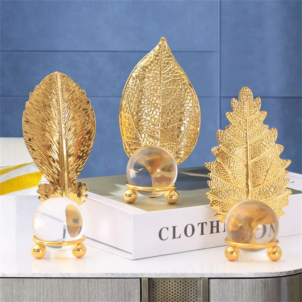 

Desktop Accessories Room Decor Home Figurine Modern Luxury Art Statue Golden Leaf Ornament Glass Crystal Ball Craft