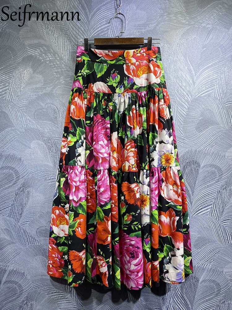 Seifrmann High Quality 2023 Spring Summer Women Fashion Designer Skirts High Waist Floral Print Patchwork Big Swing Cotton Skirt