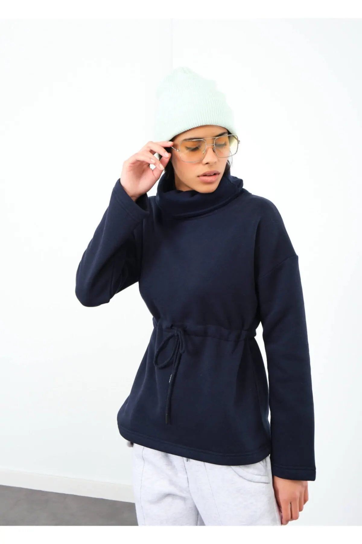

Women's Sweatshirt Navy Blue Turtleneck Waist Tie Raised Hoodies Fashion All Season New Designer Pullovers Fleece Hoodies
