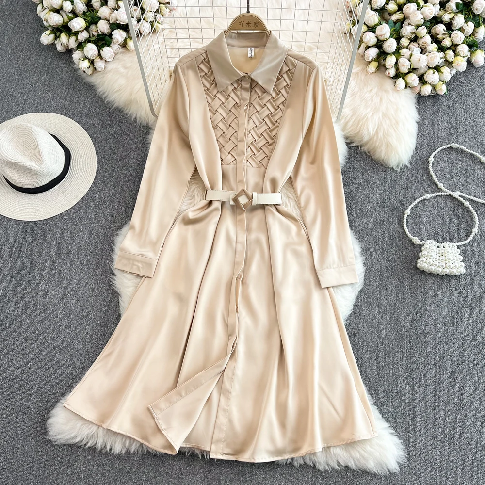 2022 Spring New Gentle Style Temperament Lapel Long-sleeved Single-breasted Waist-slim A-line Dress