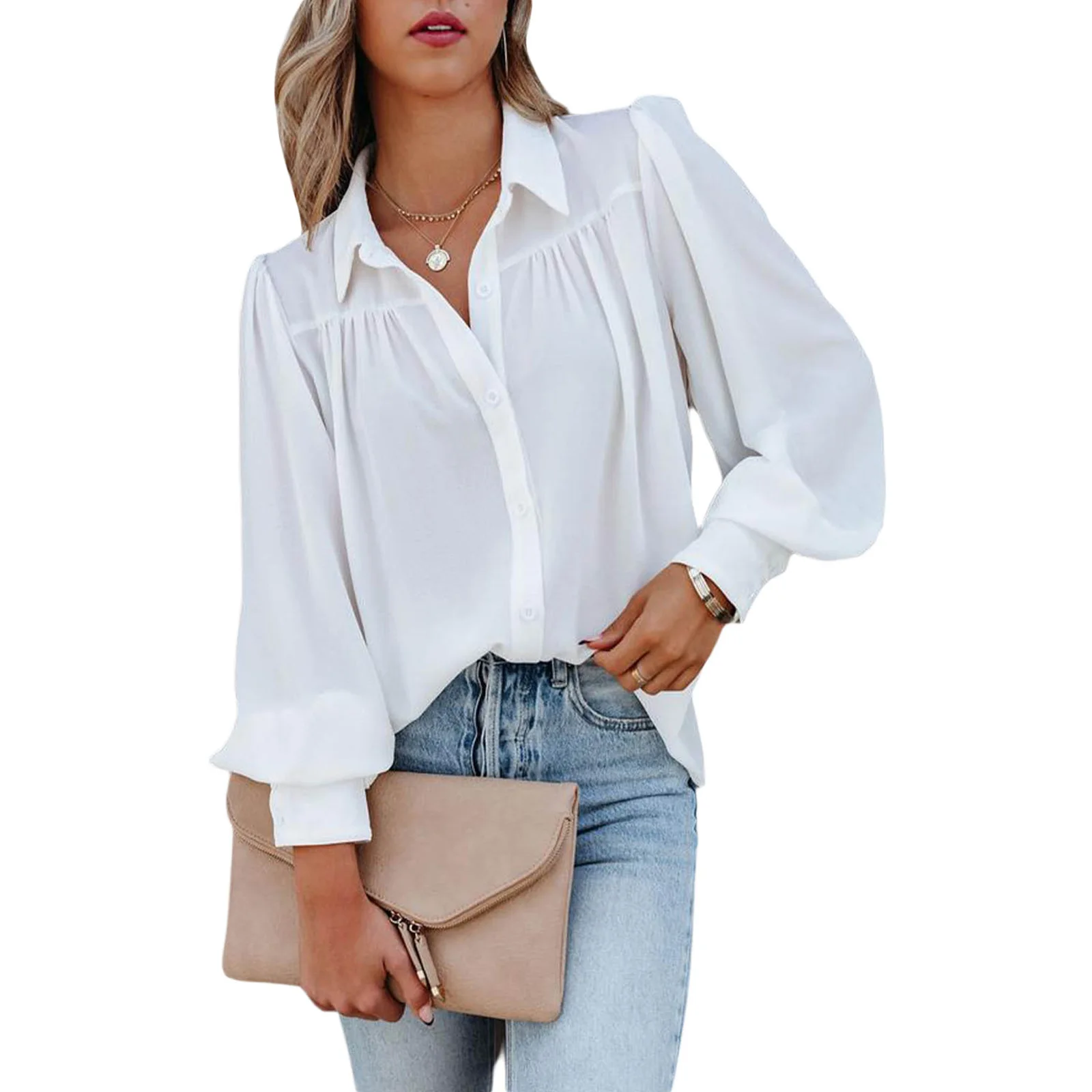 Blouse Women Fashion Long Sleeve Button-Up Shirt Lantern Sleeve Pleated Solid Color Stand Collar Loose Tops for Women Camisas